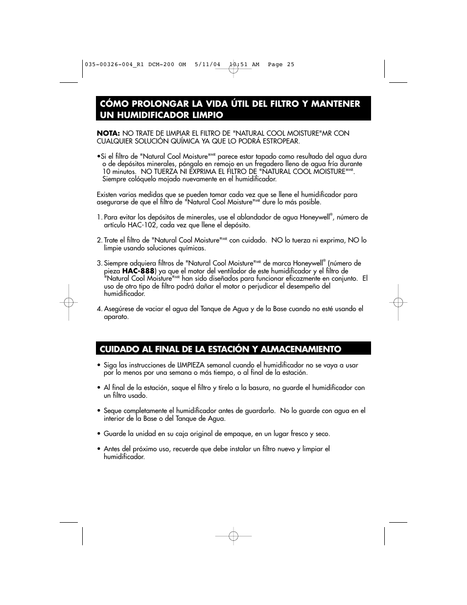 Cuidado al final de la estación y almacenamiento | Duracraft DCM-200 User Manual | Page 25 / 27