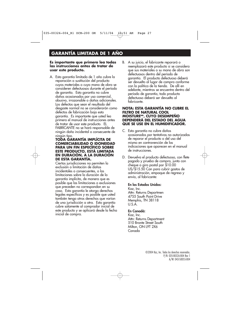 Duracraft DCM-200 User Manual | Page 27 / 27