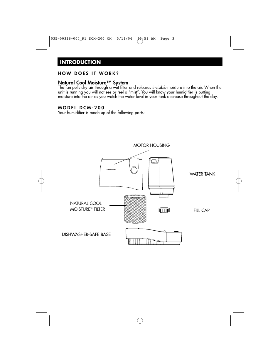 Natural cool moisture™ system, Introduction | Duracraft DCM-200 User Manual | Page 3 / 27