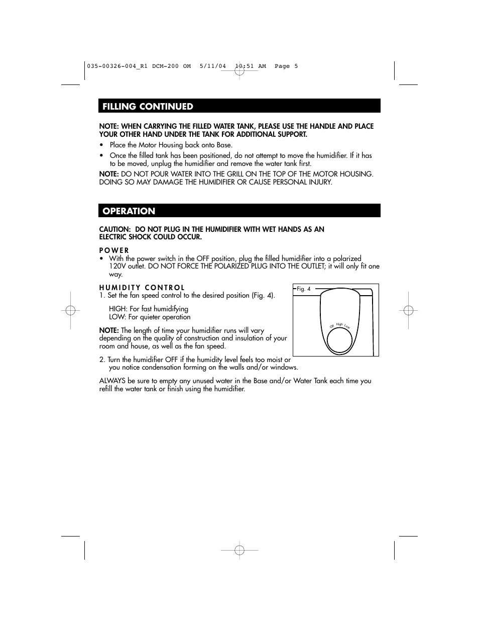 Filling continued operation | Duracraft DCM-200 User Manual | Page 5 / 27