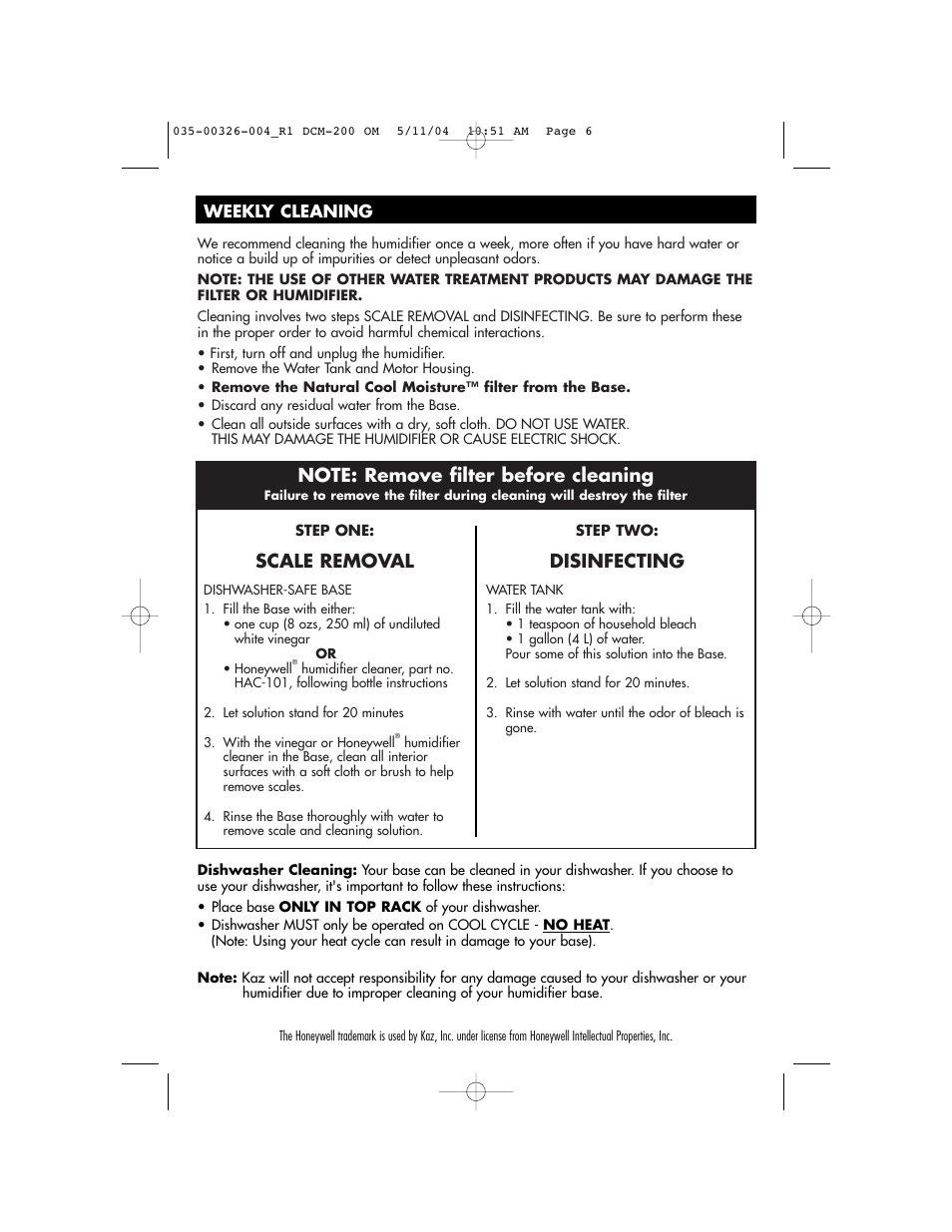 Scale removal, Disinfecting, Weekly cleaning | Duracraft DCM-200 User Manual | Page 6 / 27