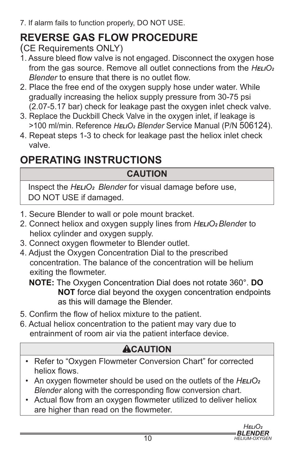 Reverse gas flow procedure, Operating instructions, Ce requirements only) | Caution | Precision Medical PM5400 Series User Manual | Page 11 / 17