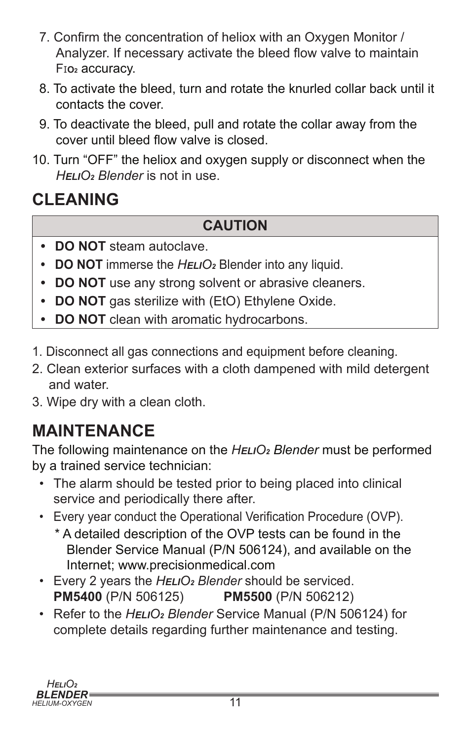 Cleaning, Maintenance, Caution | Precision Medical PM5400 Series User Manual | Page 12 / 17