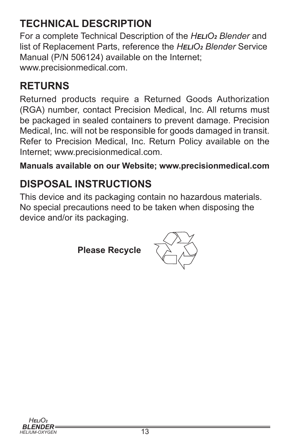 Technical description, Returns, Disposal instructions | Precision Medical PM5400 Series User Manual | Page 14 / 17