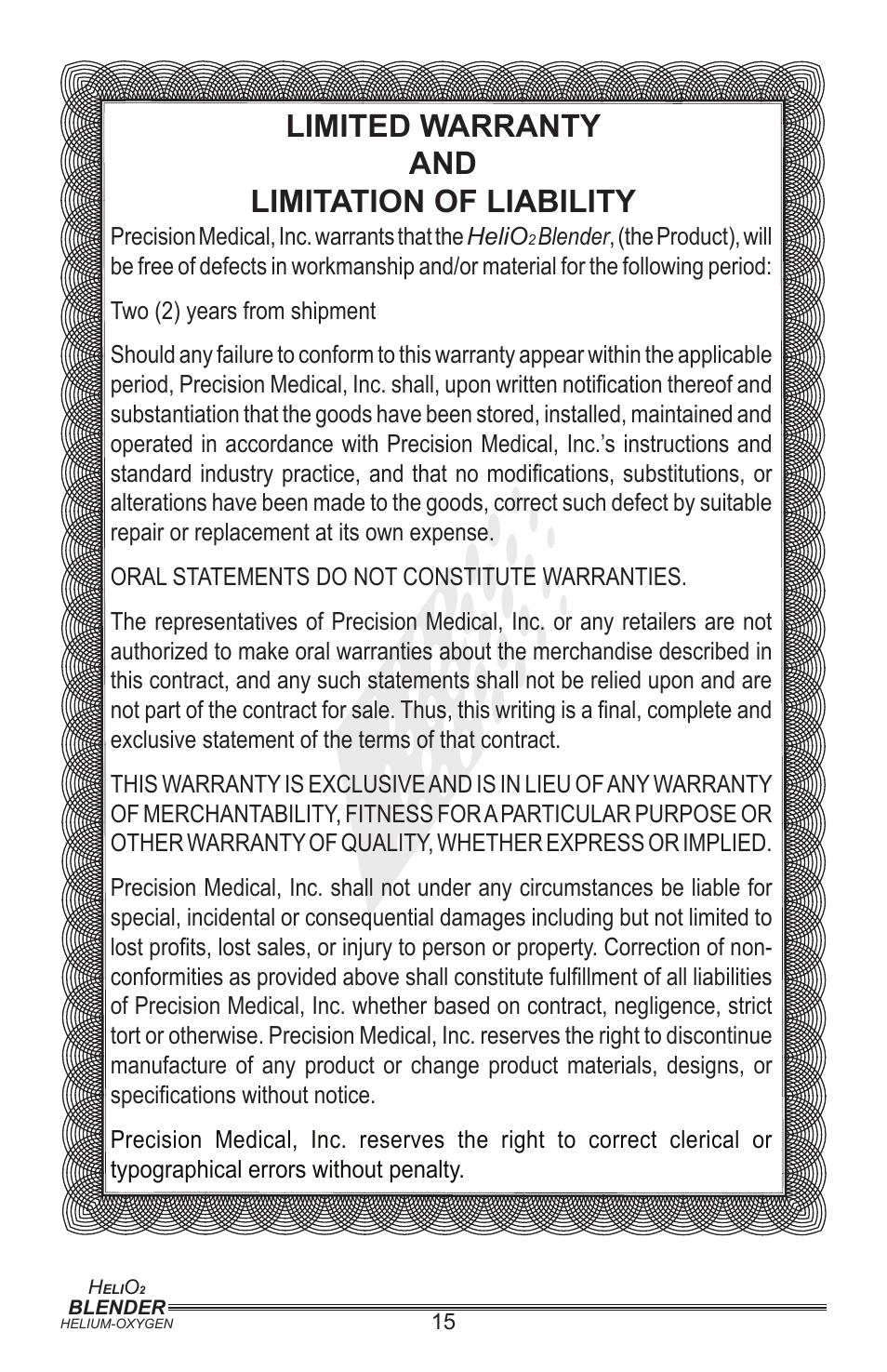 Limited warranty and limitation of liability | Precision Medical PM5400 Series User Manual | Page 16 / 17