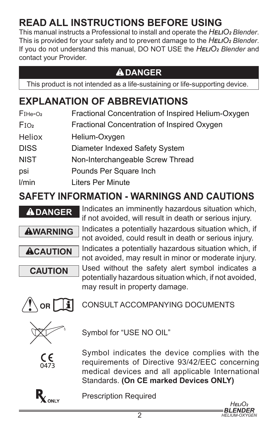 Read all instructions before using, Explanation of abbreviations, Safety information - warnings and cautions | Danger, Warning, Caution | Precision Medical PM5400 Series User Manual | Page 3 / 17