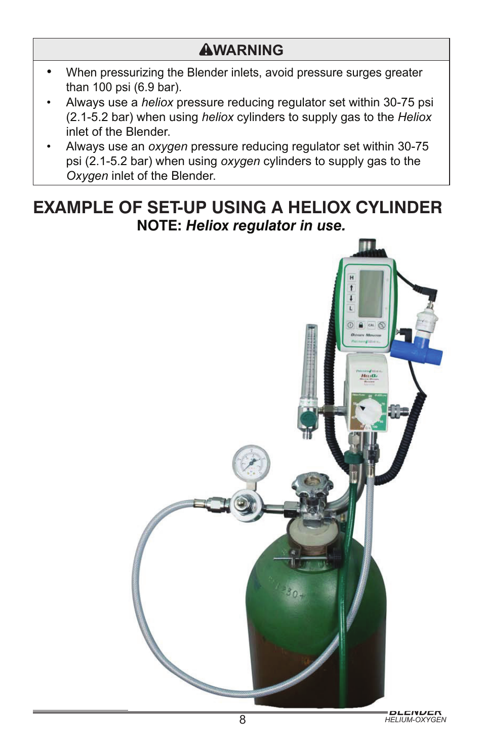 Example of set-up using a heliox cylinder, Warning | Precision Medical PM5400 Series User Manual | Page 9 / 17