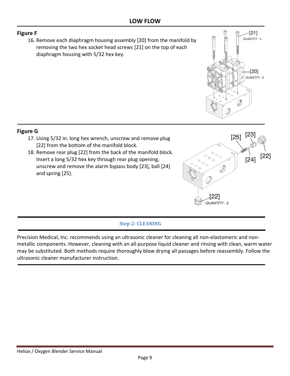 Step 2: cleaning, Low flow, Figure f | Figure g | Precision Medical HeliO2 Blenders User Manual | Page 11 / 32