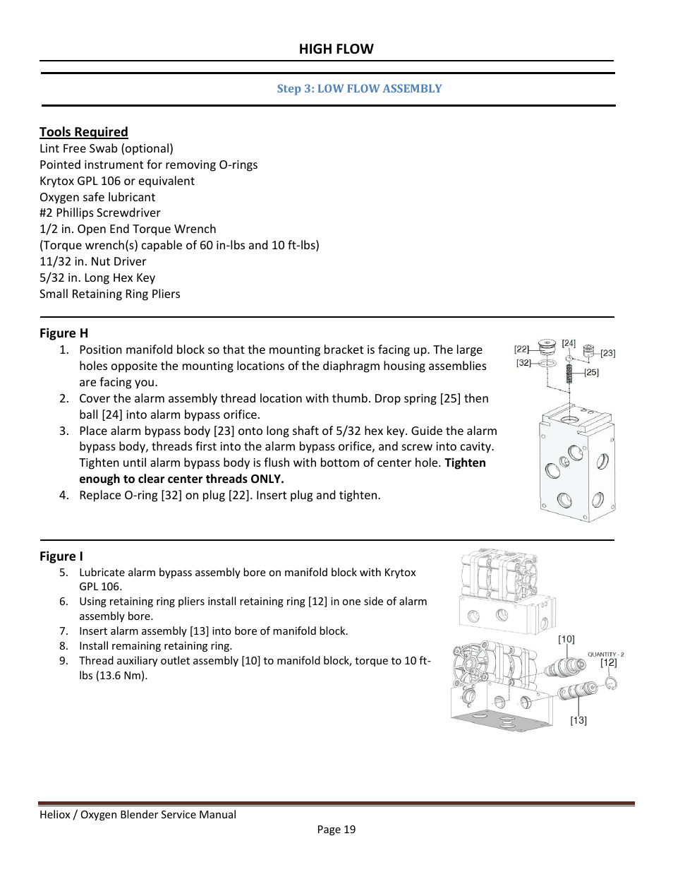 Step 3: low flow assembly, High flow, Tools required | Figure h, Figure i | Precision Medical HeliO2 Blenders User Manual | Page 21 / 32
