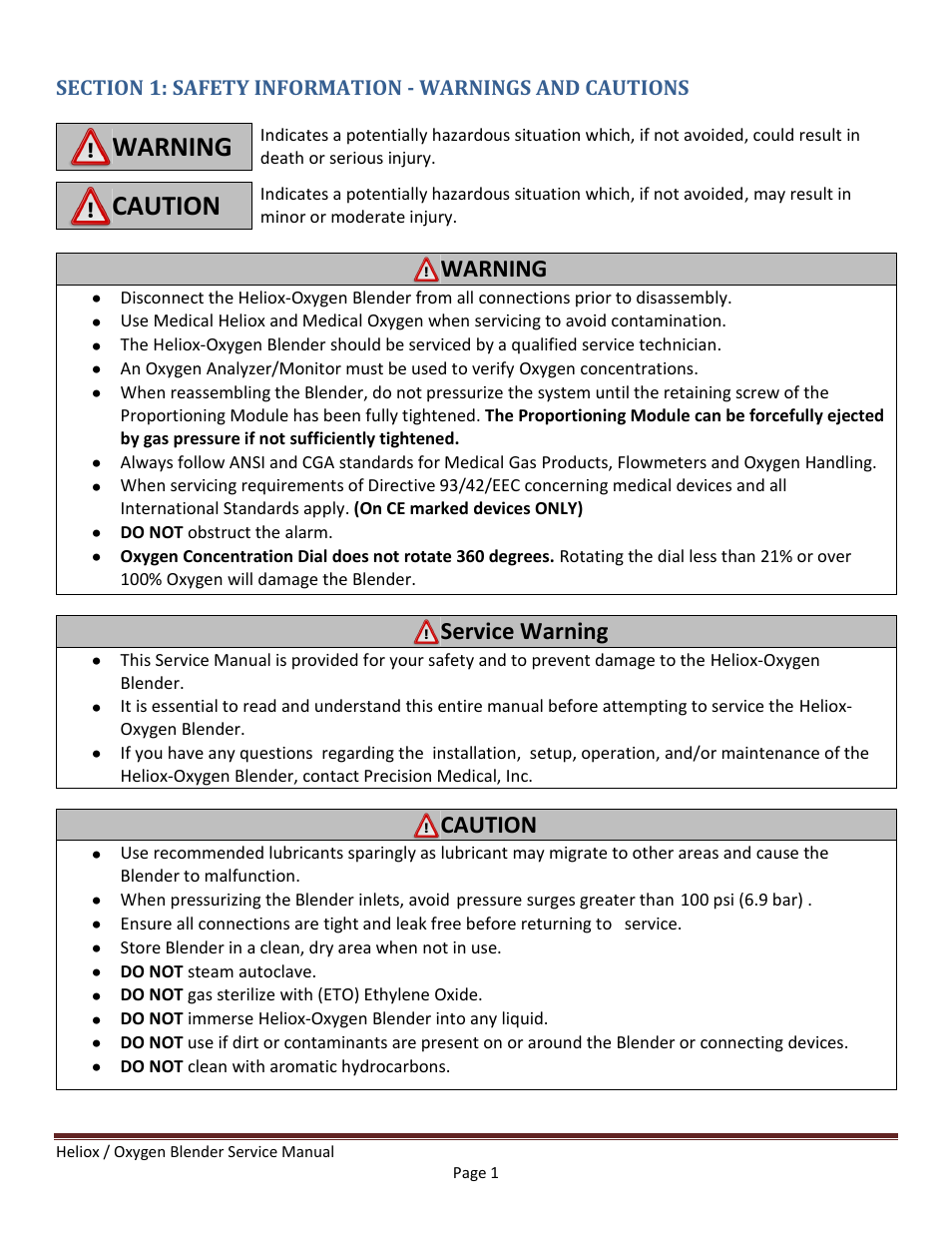 Warning, Caution, Service warning | Precision Medical HeliO2 Blenders User Manual | Page 3 / 32