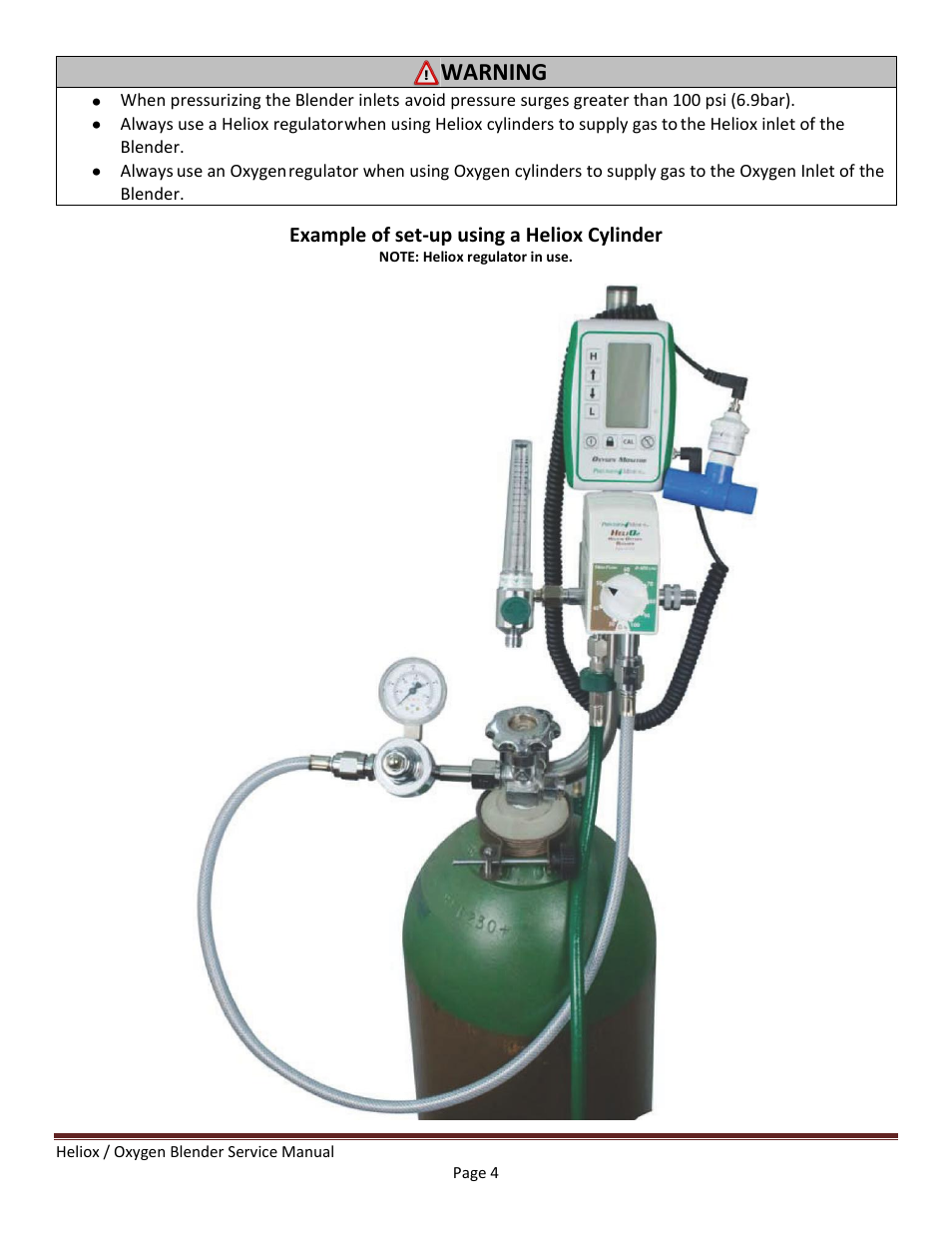 Warning, Example of set-up using a heliox cylinder | Precision Medical HeliO2 Blenders User Manual | Page 6 / 32