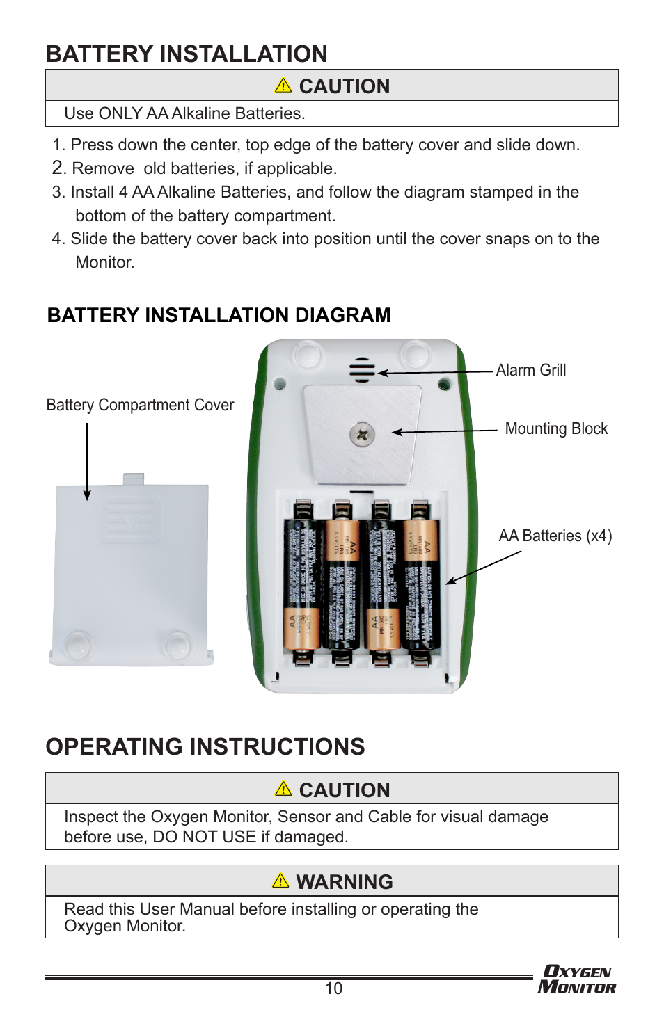 Battery installation, Operating instructions | Precision Medical Oxygen Monitor User Manual | Page 11 / 20