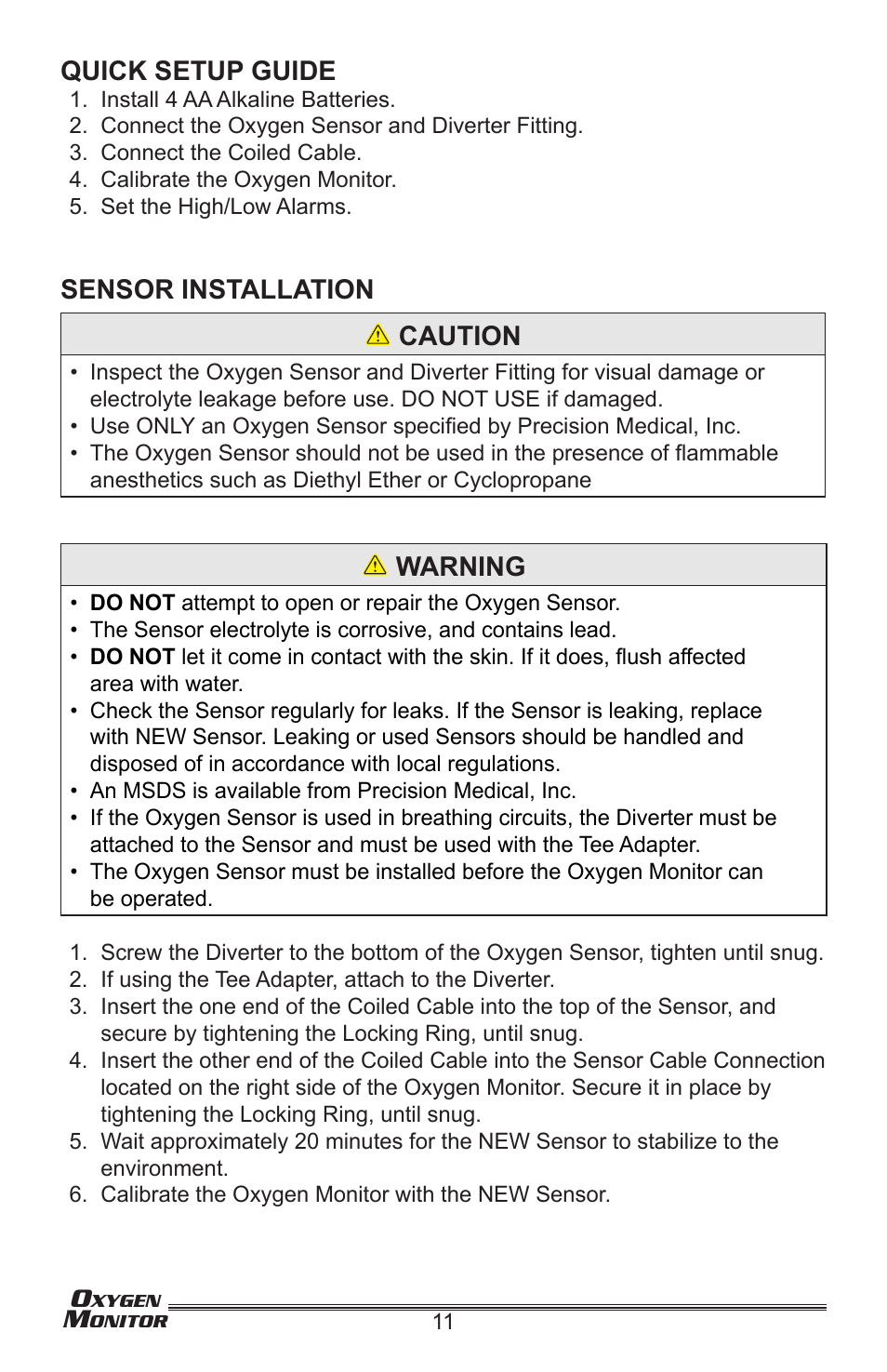 Quick setup guide, Sensor installation caution, Warning | Precision Medical Oxygen Monitor User Manual | Page 12 / 20