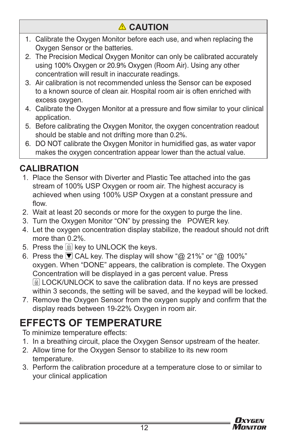 Effects of temperature, Caution, Calibration | Precision Medical Oxygen Monitor User Manual | Page 13 / 20