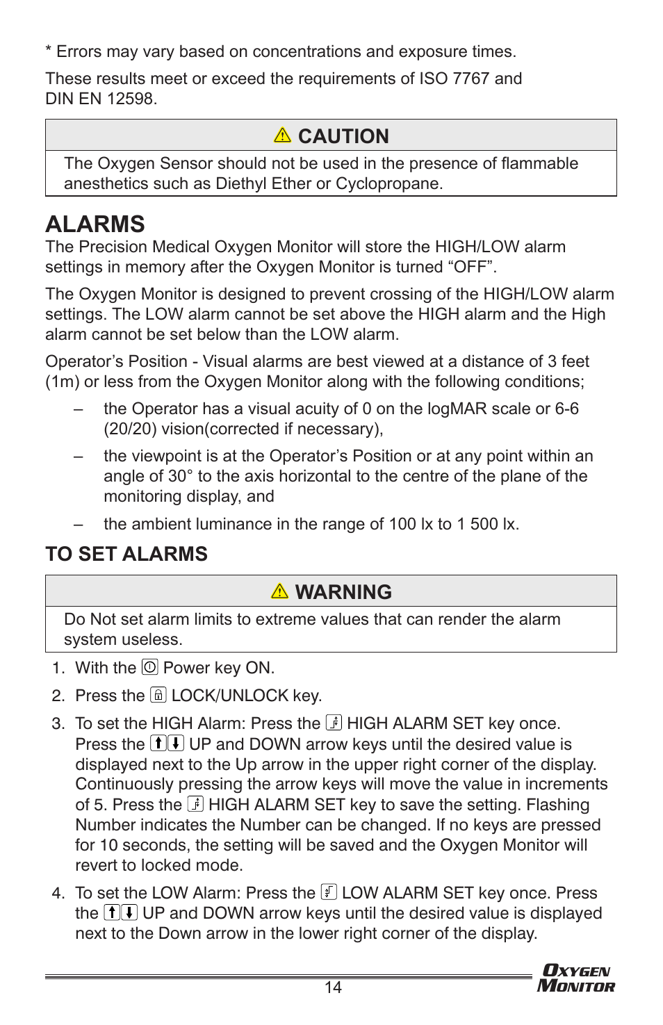 Alarms | Precision Medical Oxygen Monitor User Manual | Page 15 / 20