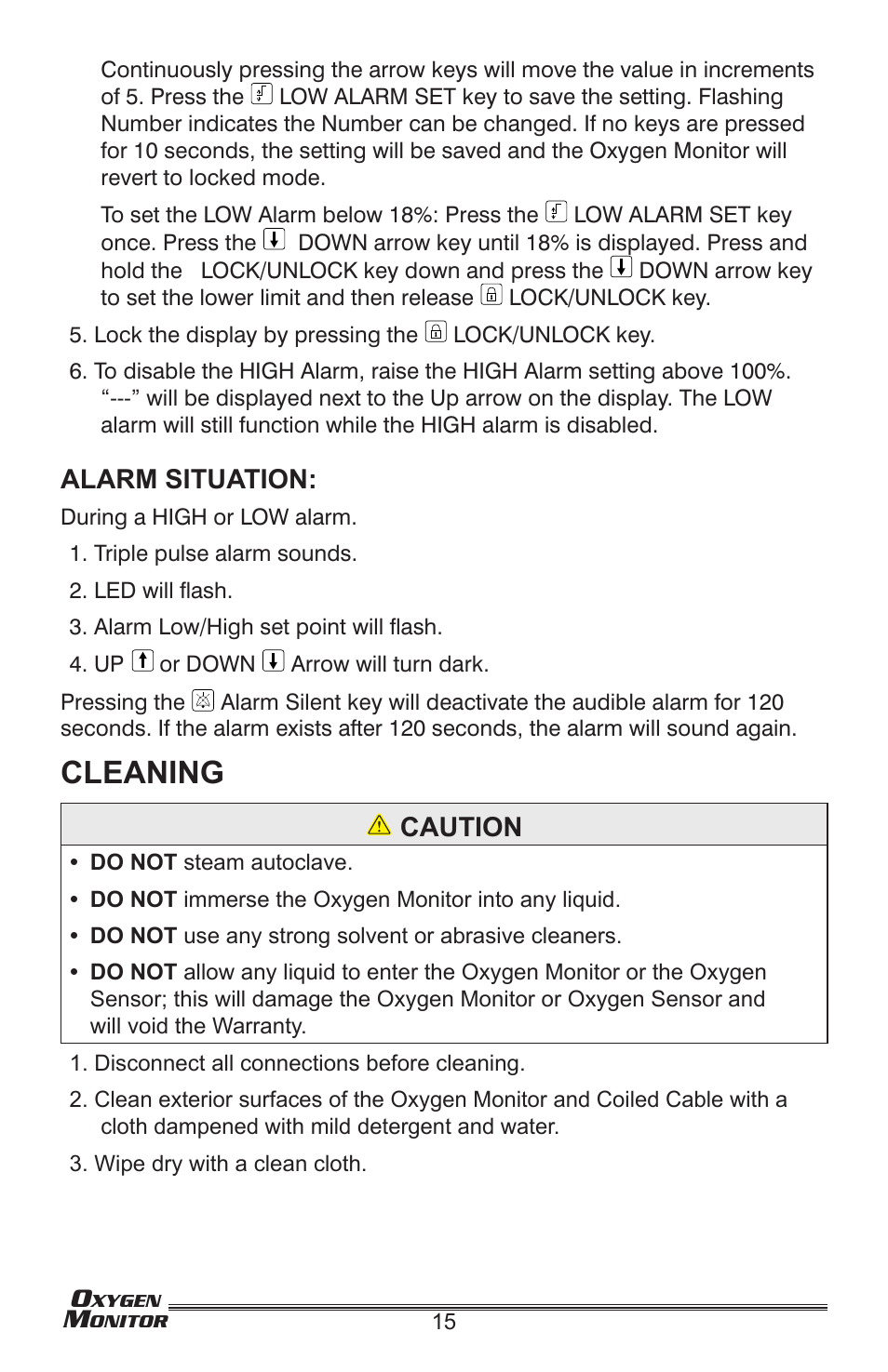 Cleaning | Precision Medical Oxygen Monitor User Manual | Page 16 / 20