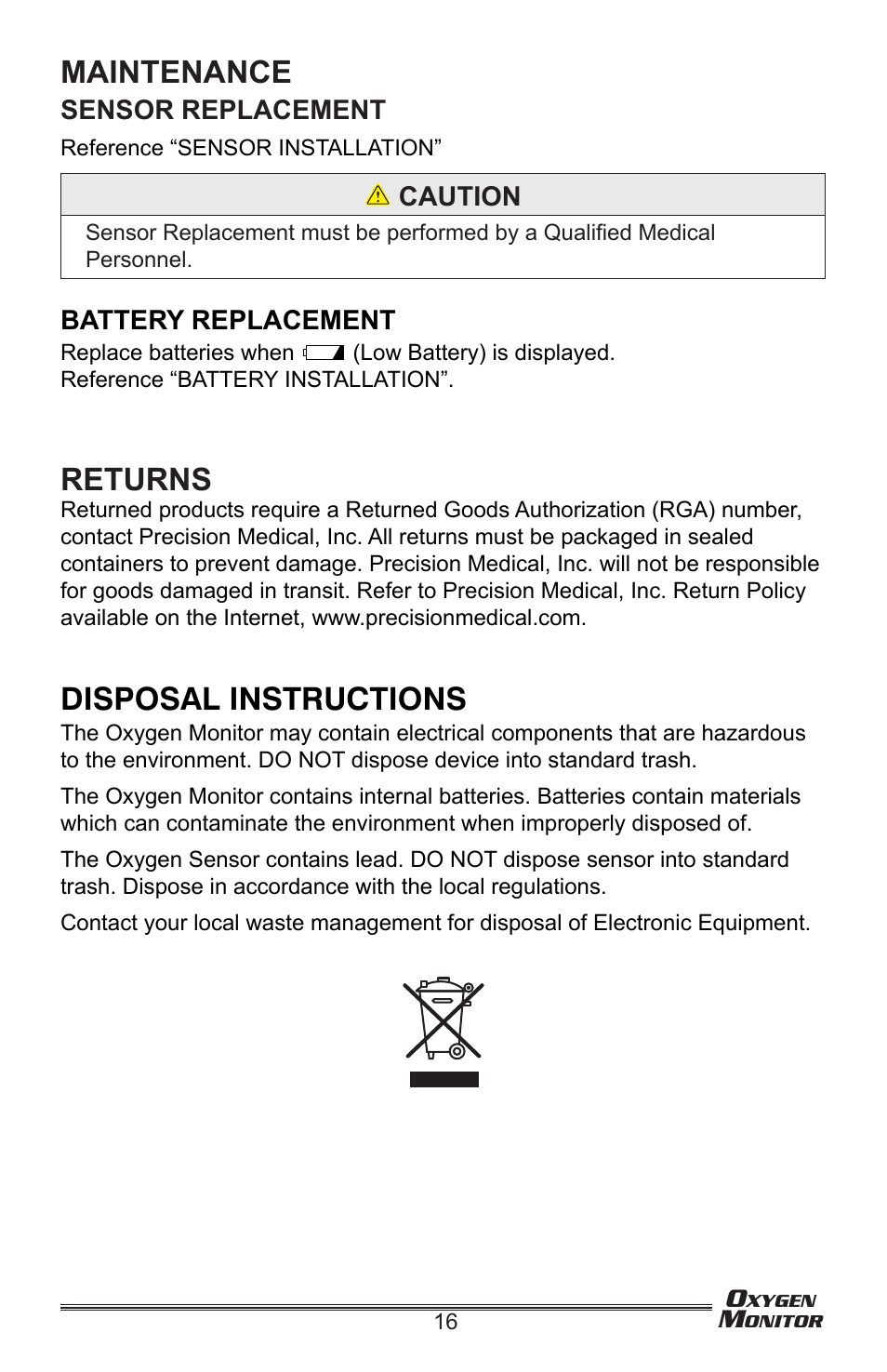 Maintenance, Returns, Disposal instructions | Precision Medical Oxygen Monitor User Manual | Page 17 / 20