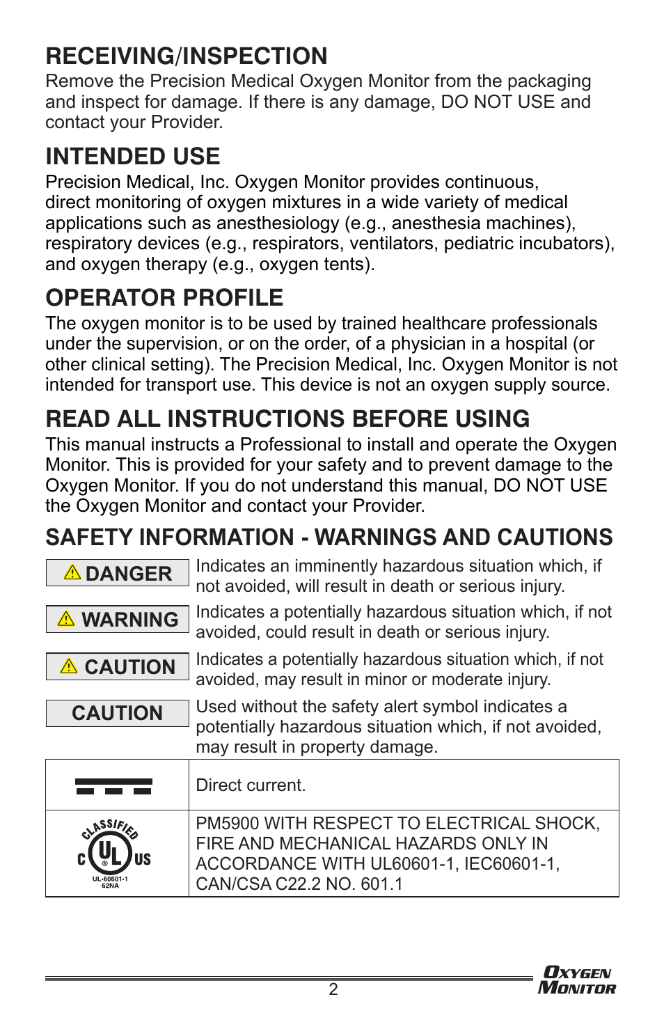 Receiving/inspection, Intended use, Operator profile | Read all instructions before using, Safety information - warnings and cautions | Precision Medical Oxygen Monitor User Manual | Page 3 / 20