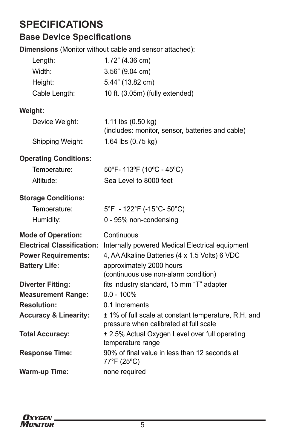 Specifications, Base device specifications | Precision Medical Oxygen Monitor User Manual | Page 6 / 20