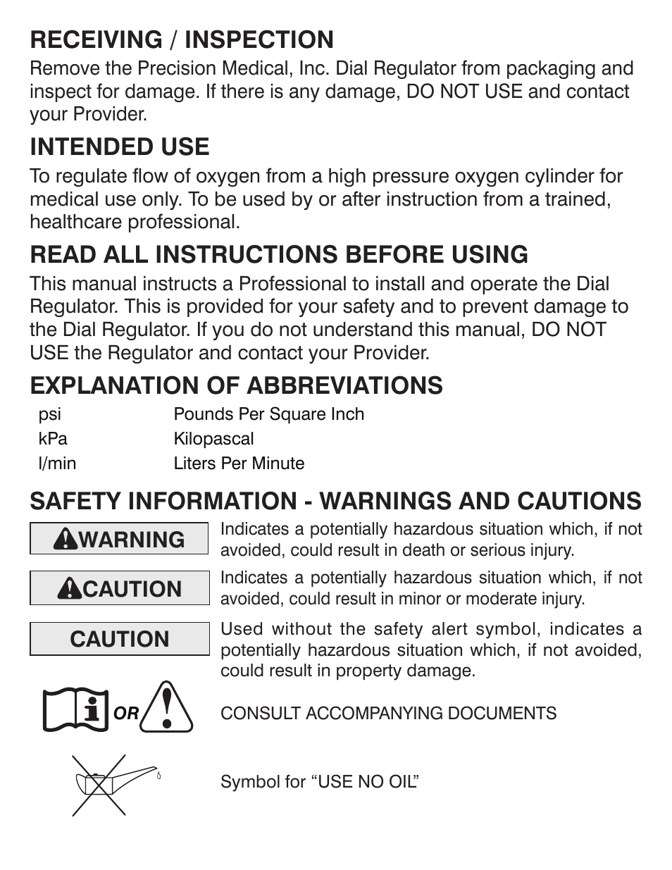 Receiving / inspection, Intended use, Read all instructions before using | Explanation of abbreviations, Safety information - warnings and cautions | Precision Medical EasyDial Reg Oxygen Regulator User Manual | Page 2 / 8