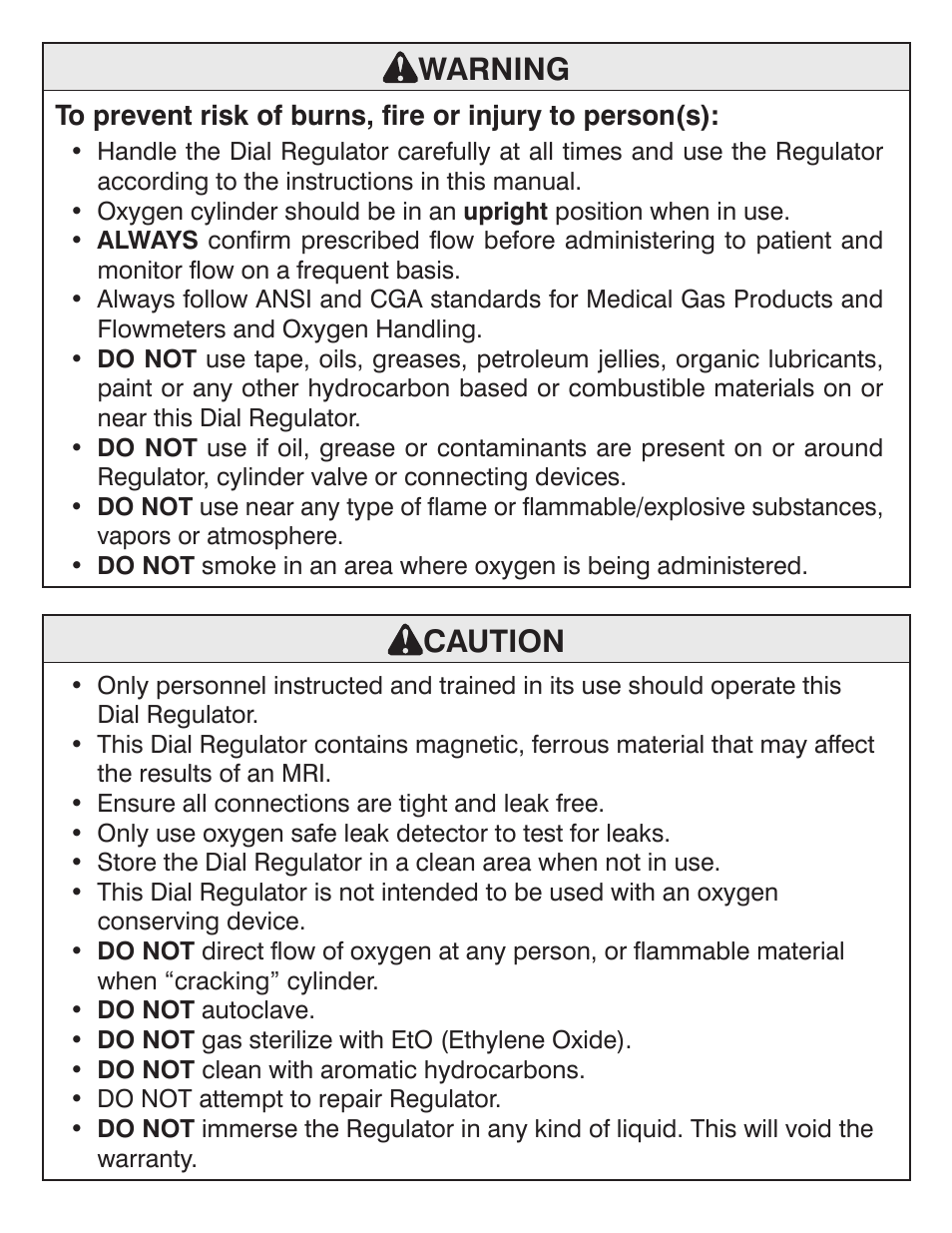 Warning, Caution | Precision Medical EasyDial Reg Oxygen Regulator User Manual | Page 3 / 8