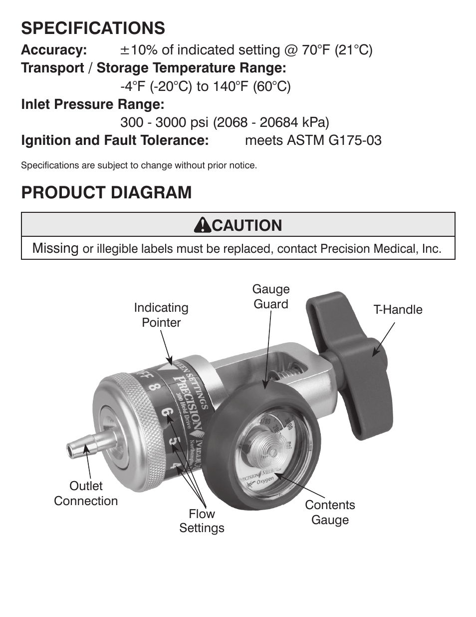 Specifications, Product diagram, Caution | Precision Medical EasyDial Reg Oxygen Regulator User Manual | Page 4 / 8