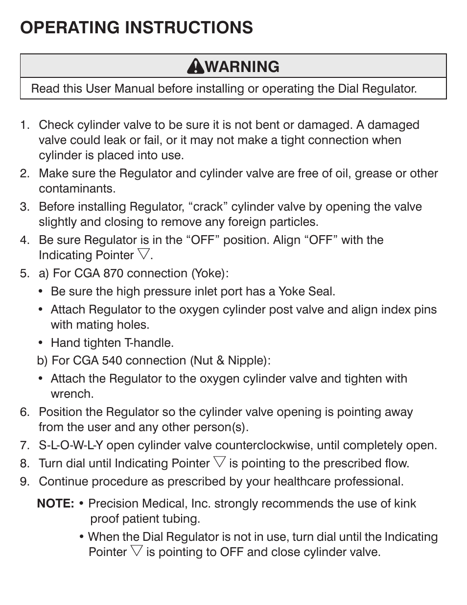 Operating instructions, Warning | Precision Medical EasyDial Reg Oxygen Regulator User Manual | Page 5 / 8