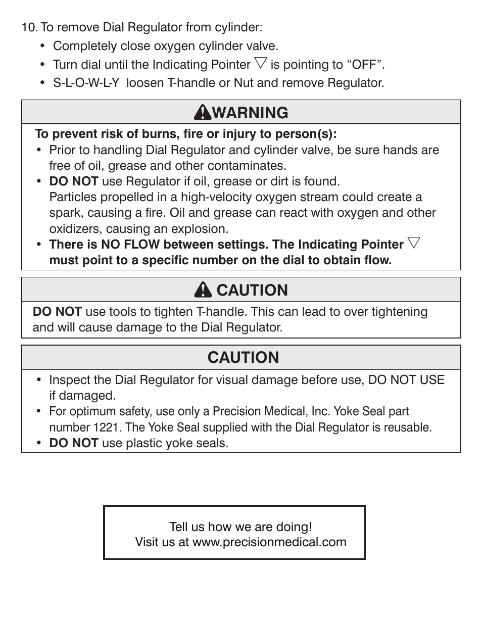 Warning, Caution | Precision Medical EasyDial Reg Oxygen Regulator User Manual | Page 6 / 8