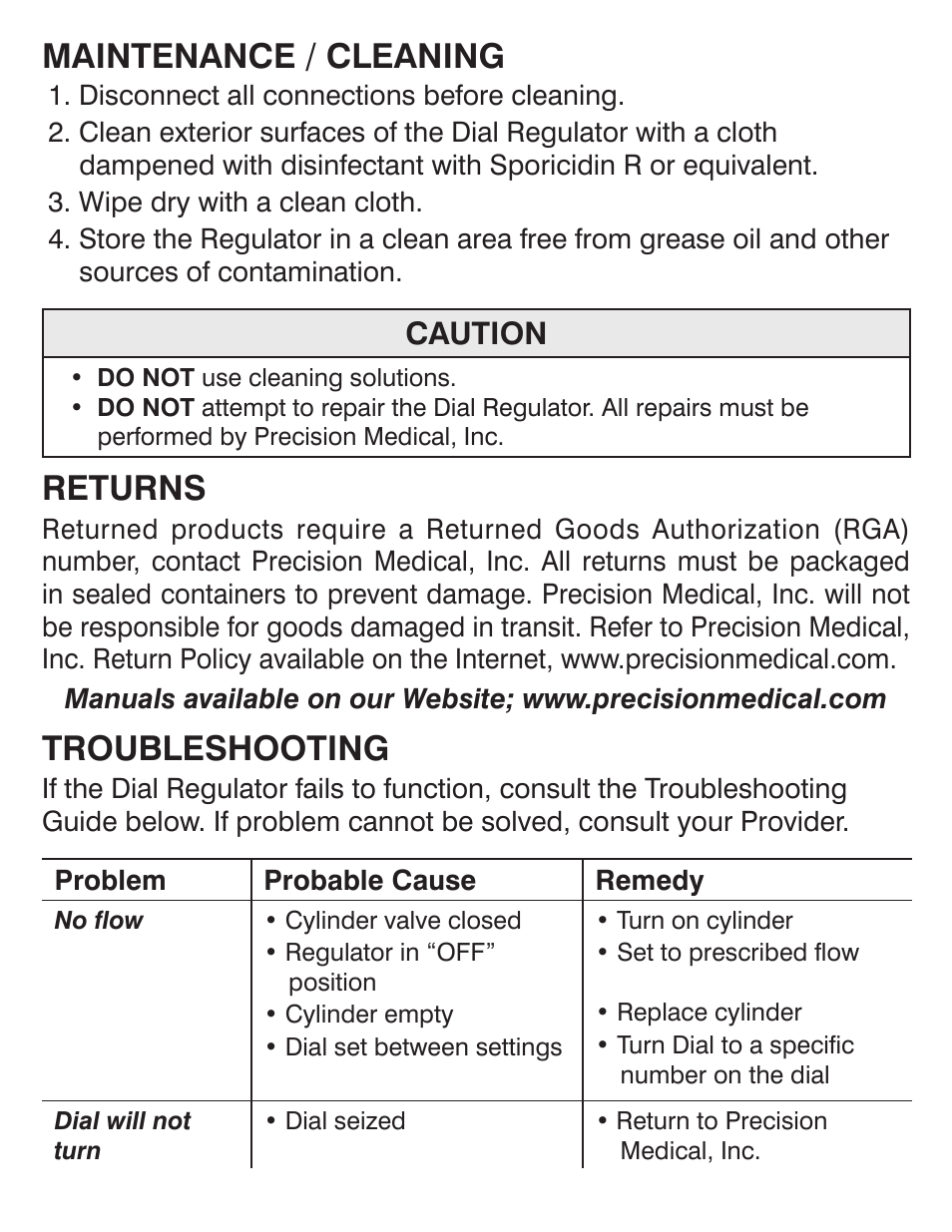 Maintenance / cleaning, Returns, Troubleshooting | Caution | Precision Medical EasyDial Reg Oxygen Regulator User Manual | Page 7 / 8