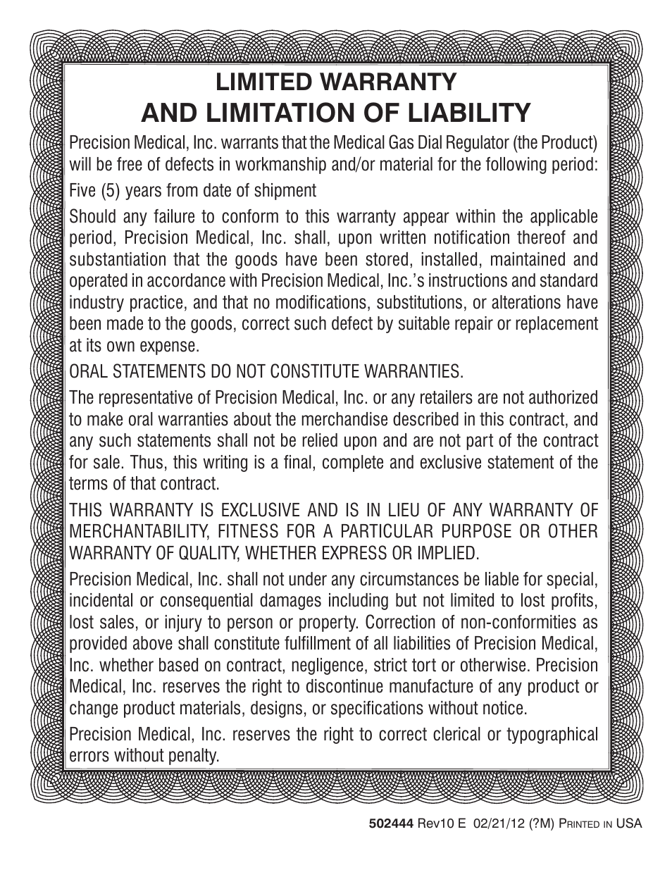 And limitation of liability, Limited warranty | Precision Medical EasyDial Reg Oxygen Regulator User Manual | Page 8 / 8