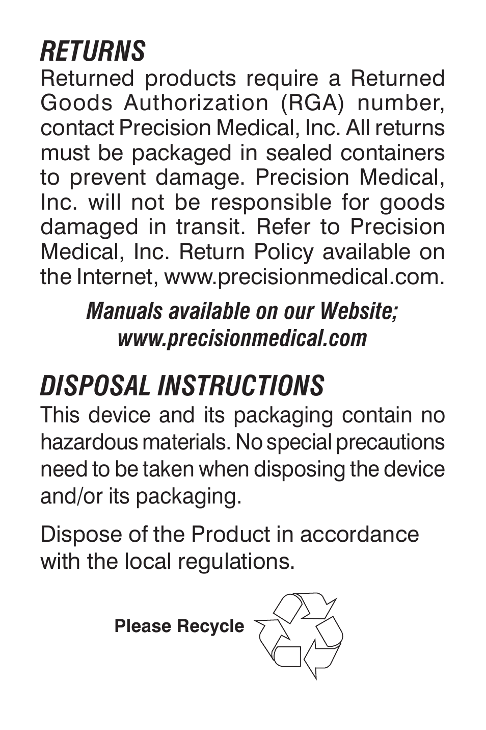 Returns, Disposal instructions | Precision Medical Flow Selector User Manual | Page 13 / 15