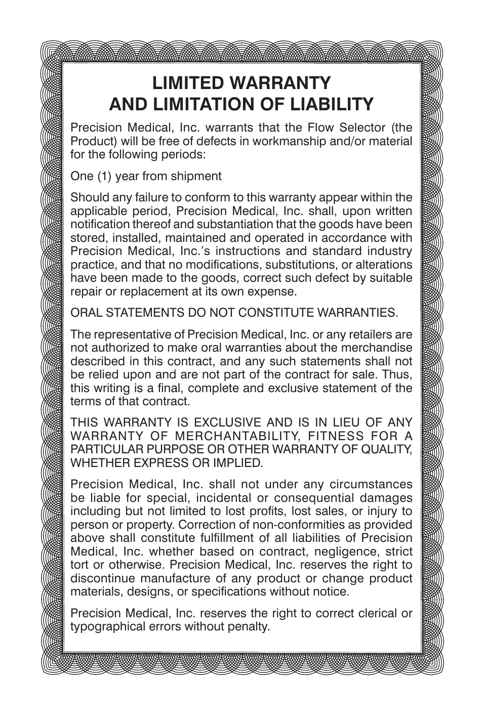 Limited warranty and limitation of liability | Precision Medical Flow Selector User Manual | Page 14 / 15