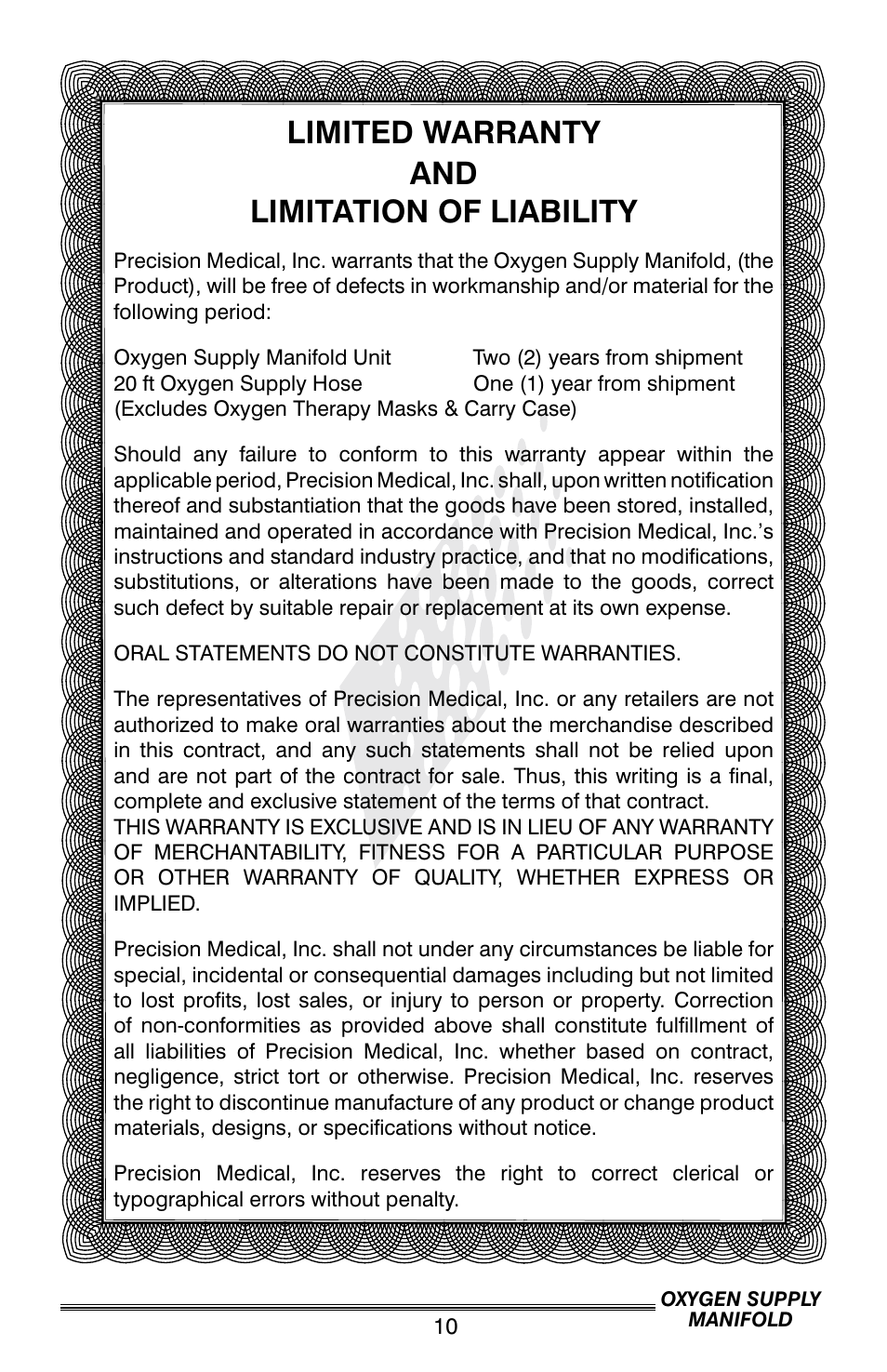 Limited warranty and limitation of liability | Precision Medical Oxygen Supply Manifold User Manual | Page 11 / 12