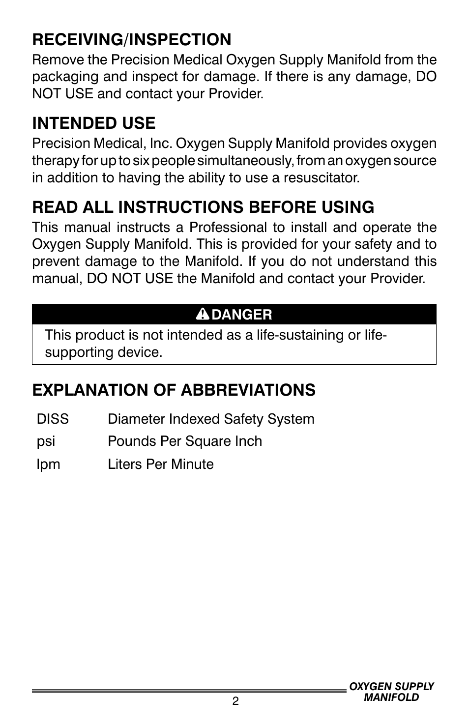 Receiving/inspection, Intended use, Read all instructions before using | Explanation of abbreviations | Precision Medical Oxygen Supply Manifold User Manual | Page 3 / 12