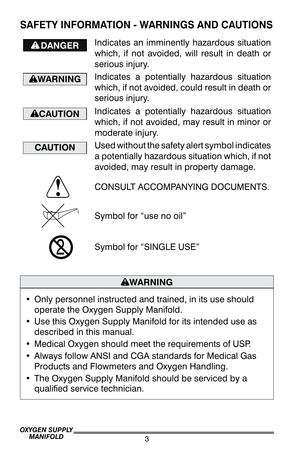 Safety information - warnings and cautions | Precision Medical Oxygen Supply Manifold User Manual | Page 4 / 12