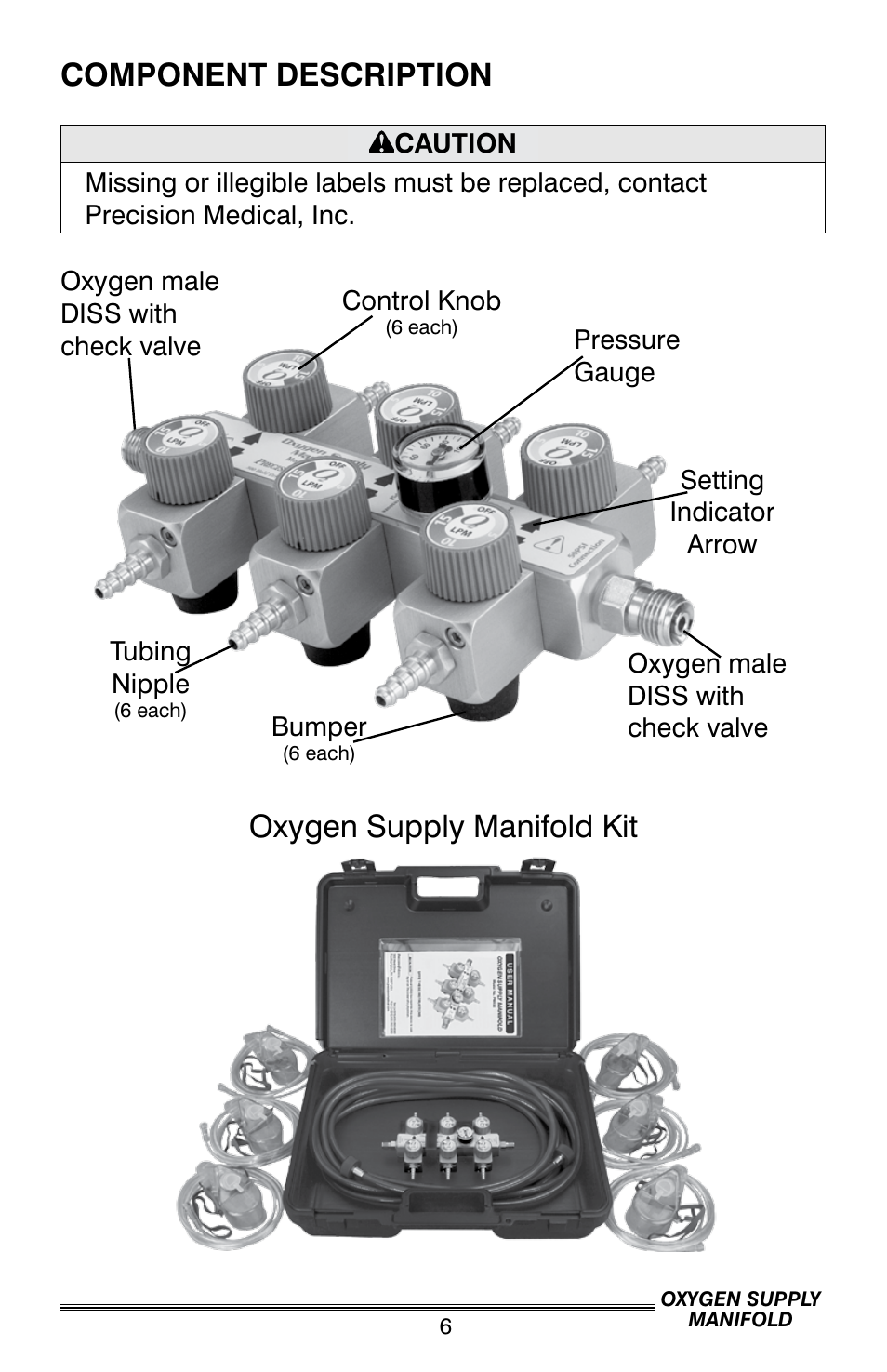 Component description, Oxygen supply manifold kit | Precision Medical Oxygen Supply Manifold User Manual | Page 7 / 12