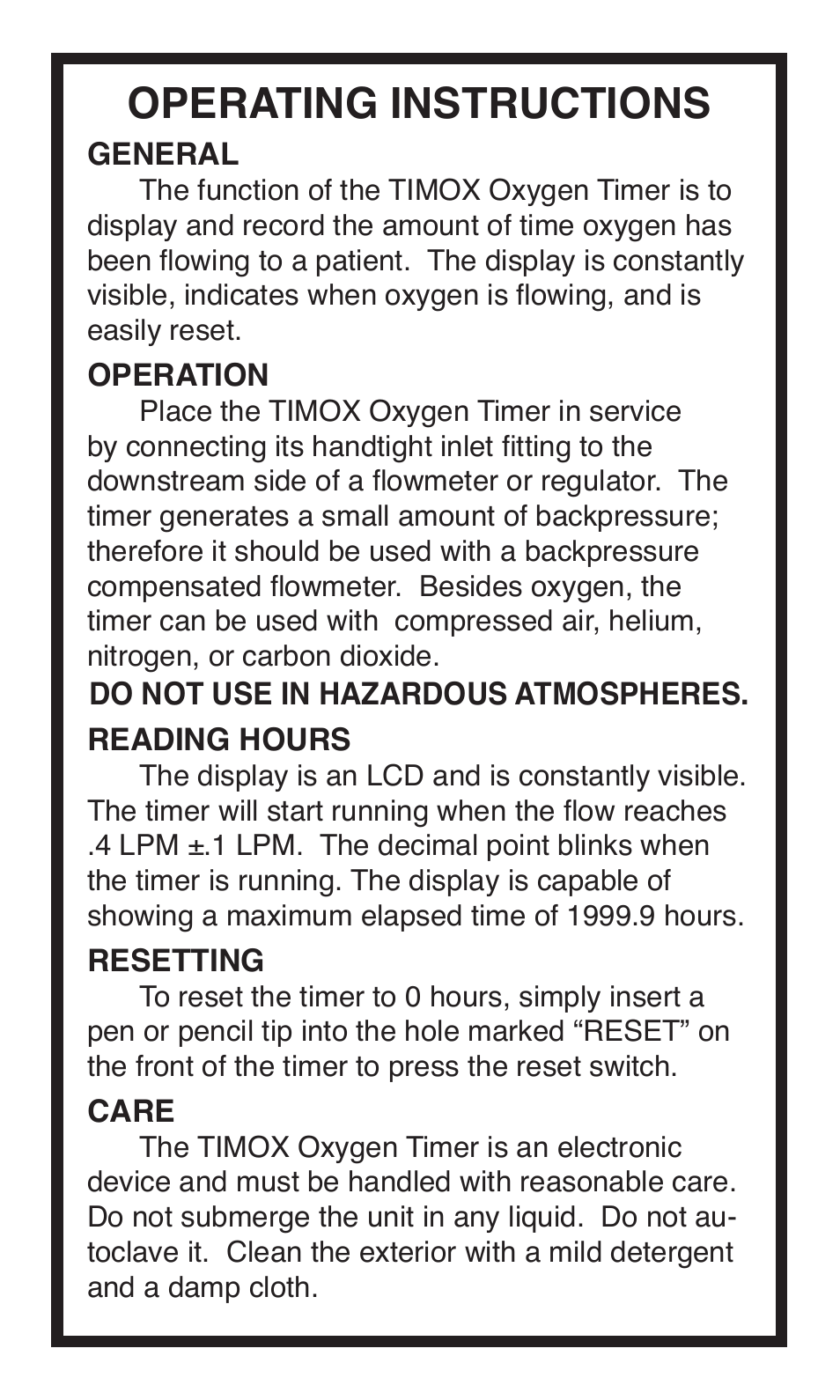 Operating instructions | Precision Medical Timox Oxygen Timer User Manual | Page 2 / 4