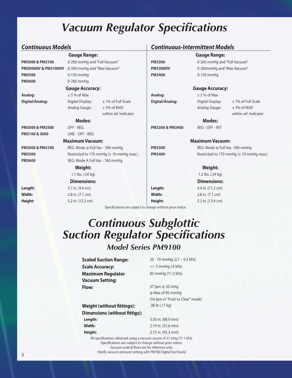Vacuum regulator specifications, Model series pm9100, Continuous models continuous-intermittent models | Precision Medical Digital Vacuum Regulator User Manual | Page 4 / 8