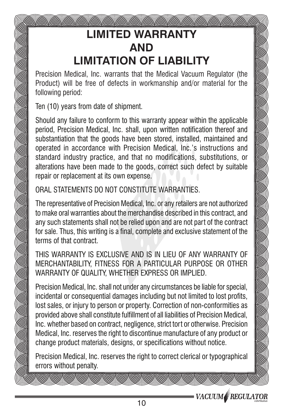 Limited warranty and limitation of liability | Precision Medical Continuous Vacuum Regulator User Manual | Page 11 / 12