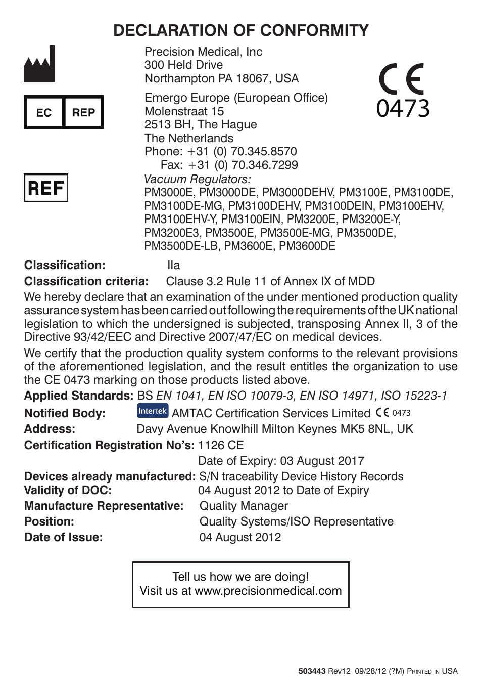 Declaration of conformity | Precision Medical Continuous Vacuum Regulator User Manual | Page 12 / 12