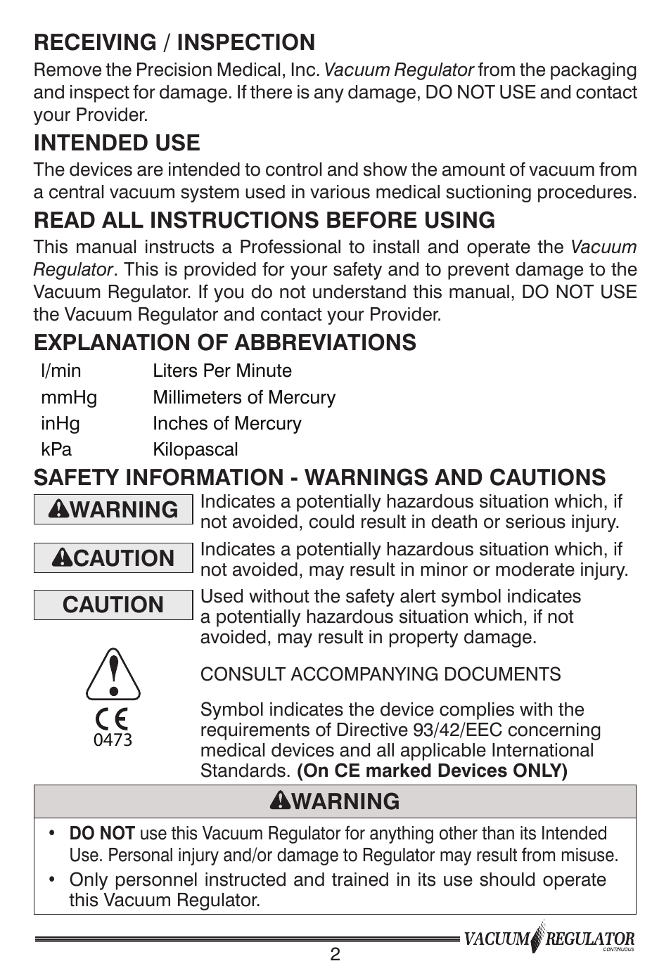 Receiving / inspection, Intended use, Read all instructions before using | Explanation of abbreviations, Safety information - warnings and cautions warning, Caution, Warning | Precision Medical Continuous Vacuum Regulator User Manual | Page 3 / 12