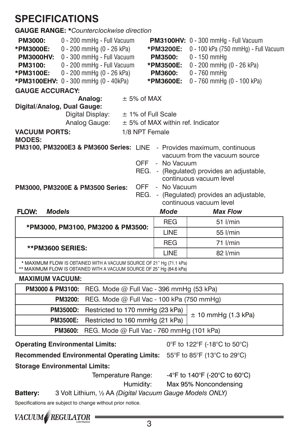 Specifications | Precision Medical Continuous Vacuum Regulator User Manual | Page 4 / 12