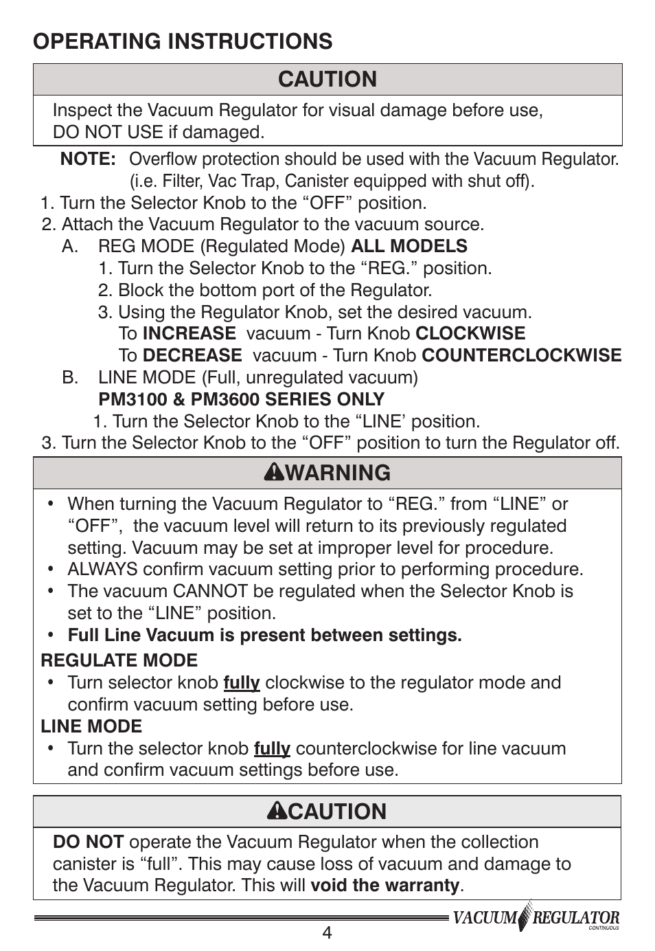 Operating instructions caution, Warning, Caution | Precision Medical Continuous Vacuum Regulator User Manual | Page 5 / 12
