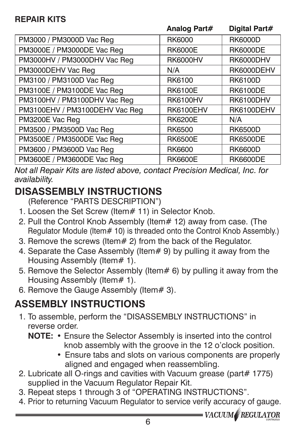 Disassembly instructions, Assembly instructions | Precision Medical Continuous Vacuum Regulator User Manual | Page 7 / 12