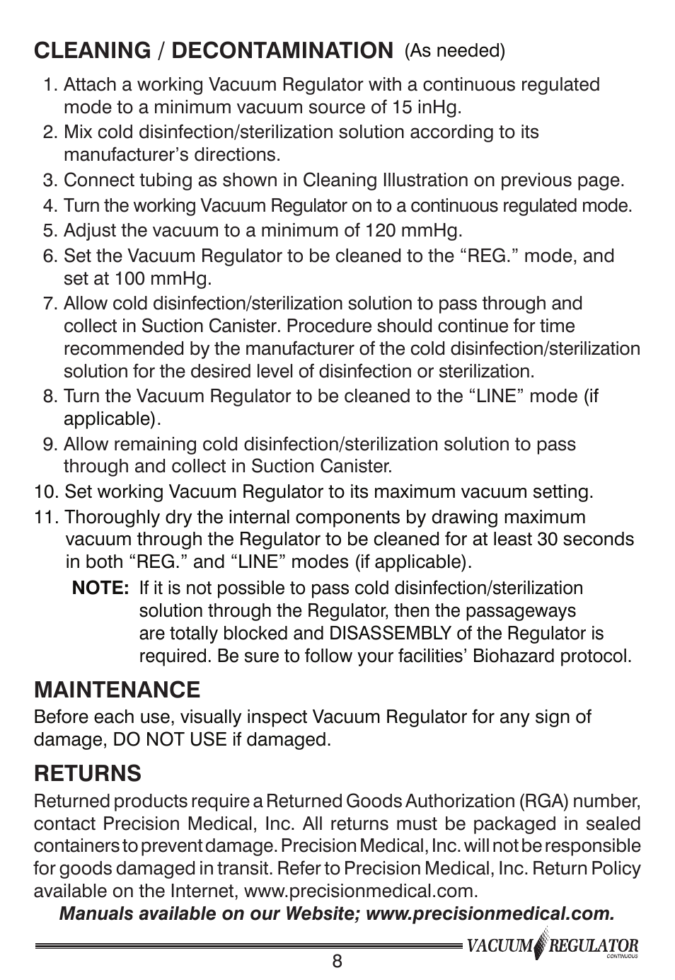 Cleaning / decontamination, Maintenance, Returns | Precision Medical Continuous Vacuum Regulator User Manual | Page 9 / 12