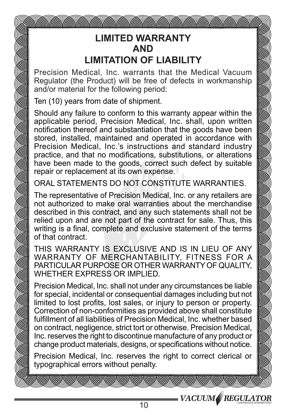 Limited warranty and limitation of liability | Precision Medical Continuous Intermittent Vacuum Regulator User Manual | Page 11 / 12