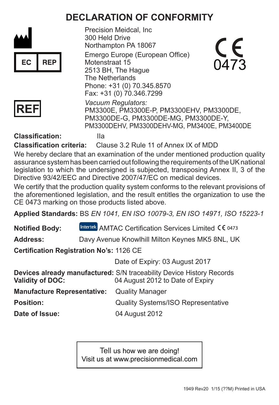 Declaration of conformity | Precision Medical Continuous Intermittent Vacuum Regulator User Manual | Page 12 / 12