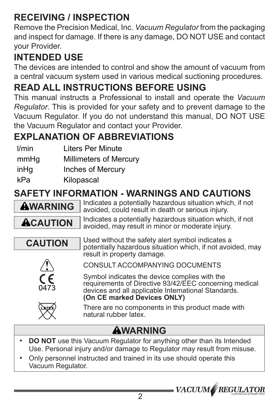 Receiving / inspection, Intended use, Read all instructions before using | Explanation of abbreviations, Safety information - warnings and cautions warning, Caution, Warning | Precision Medical Continuous Intermittent Vacuum Regulator User Manual | Page 3 / 12