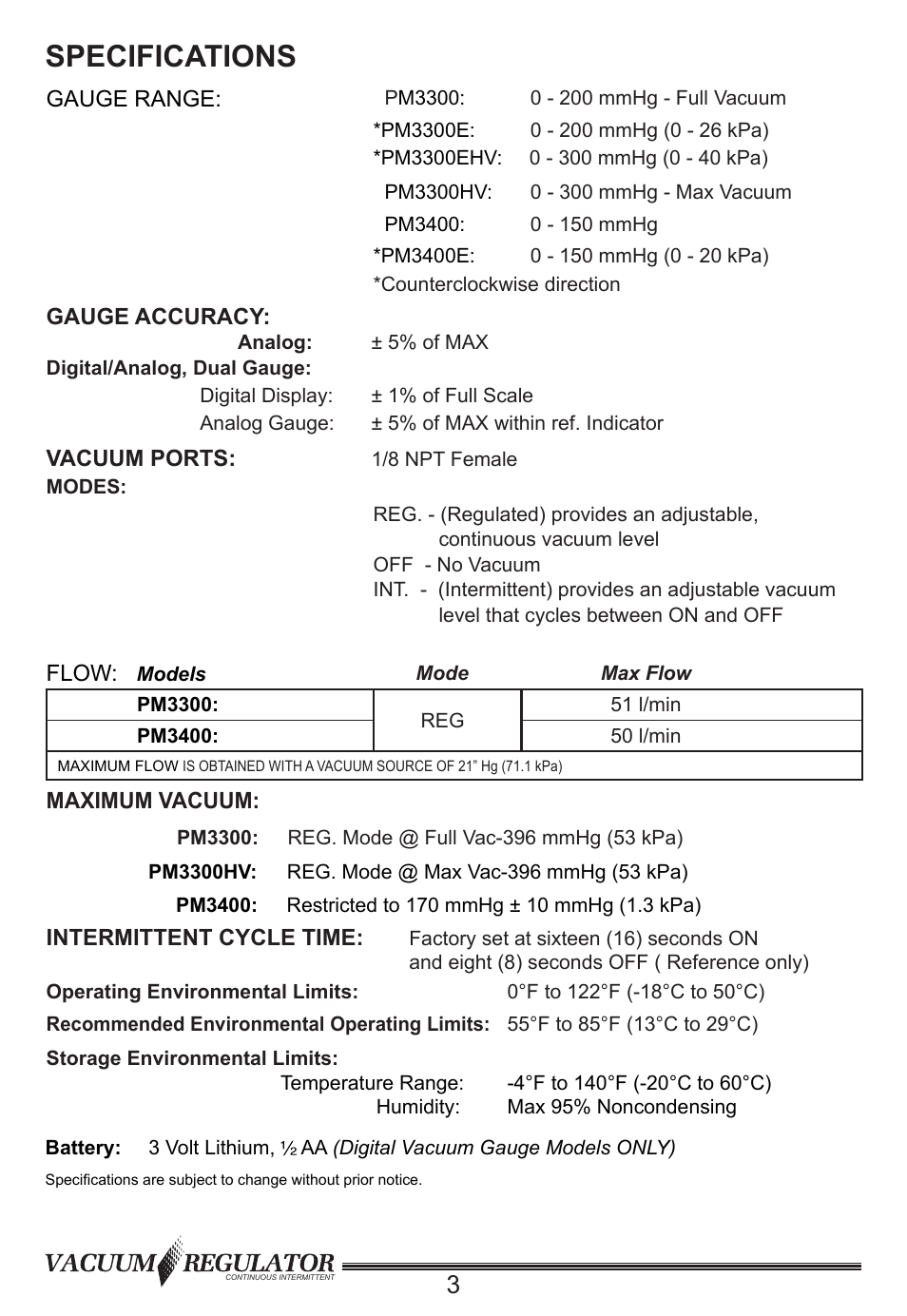 Specifications | Precision Medical Continuous Intermittent Vacuum Regulator User Manual | Page 4 / 12