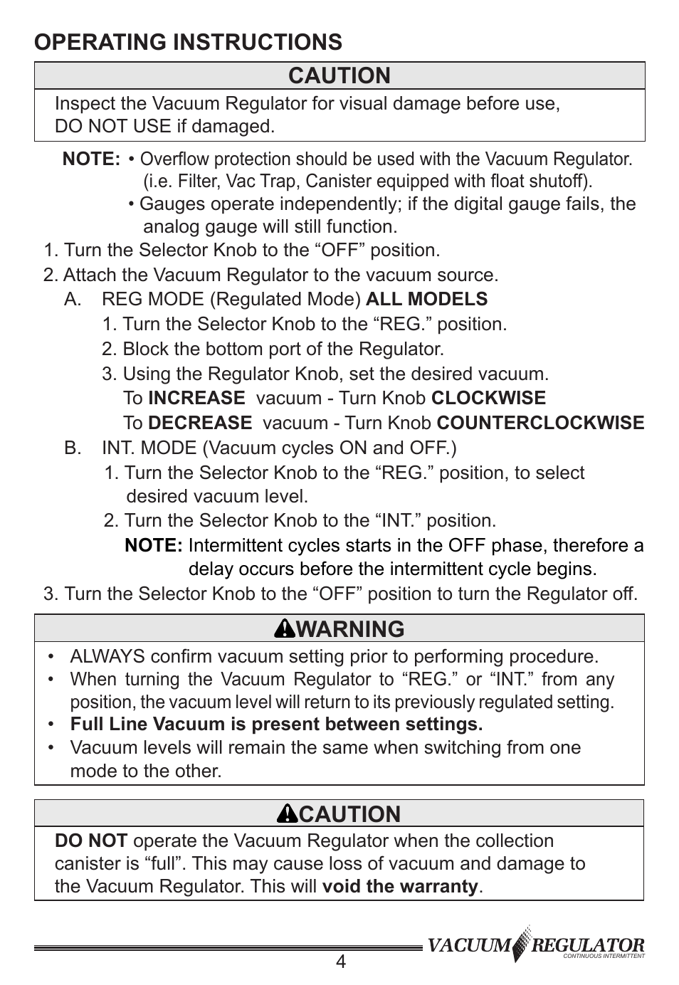 Operating instructions caution, Warning, Caution | Precision Medical Continuous Intermittent Vacuum Regulator User Manual | Page 5 / 12